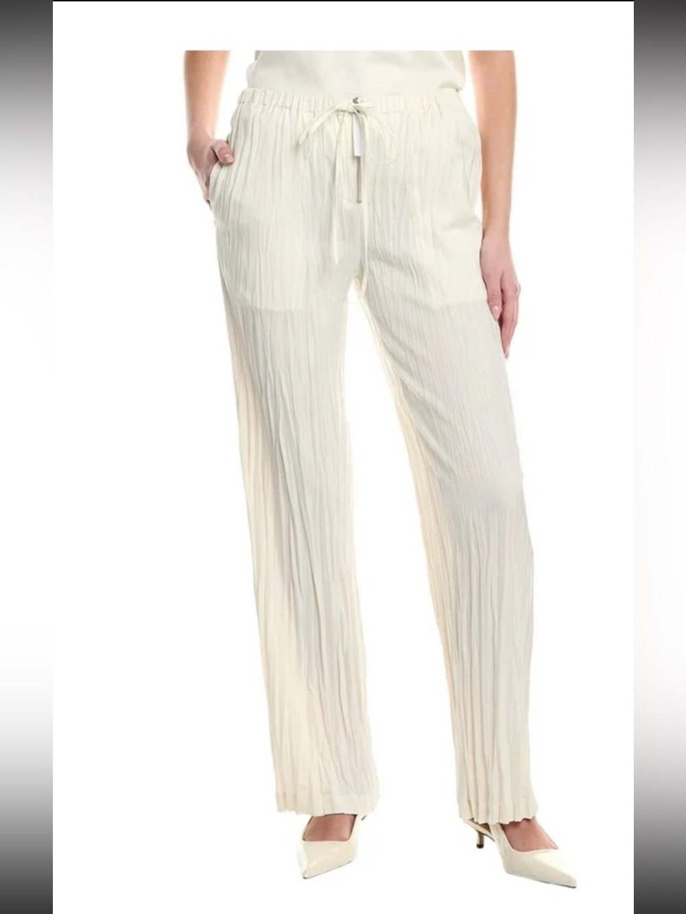Helmut Lang Cream Pleated Wide-Leg Drawstring Pants